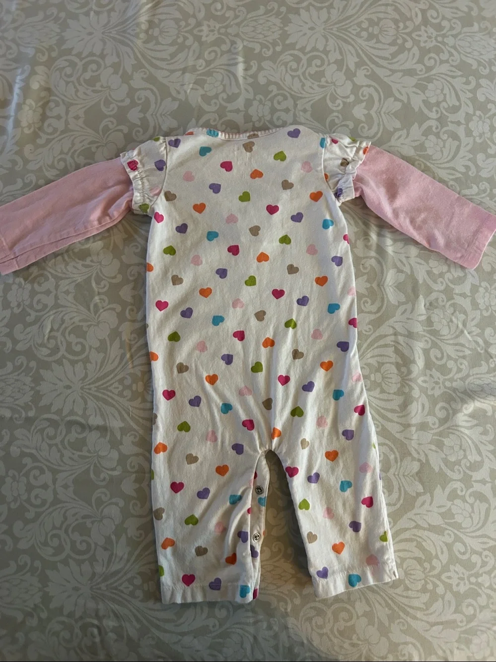 Carter's White One-Piece Footie with Pink Sleeves and Multicolor Hearts